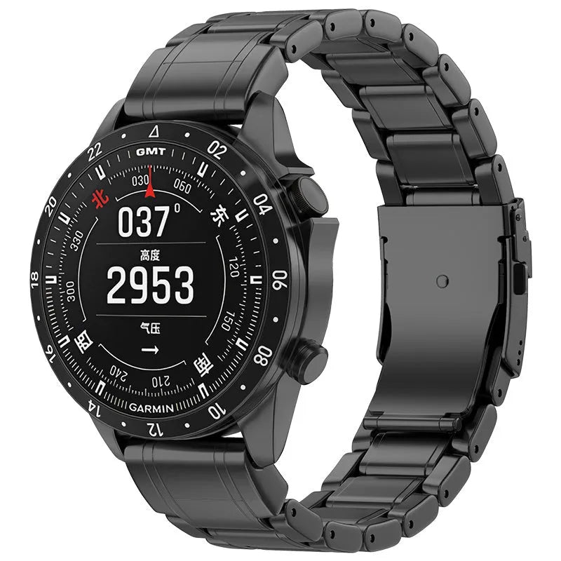 Premium Titanium Strap, black, on a watch, 3/4 front view