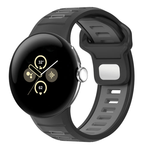 Silicone Sport Duo Strap, black/grey, on a watch, 3/4 front view