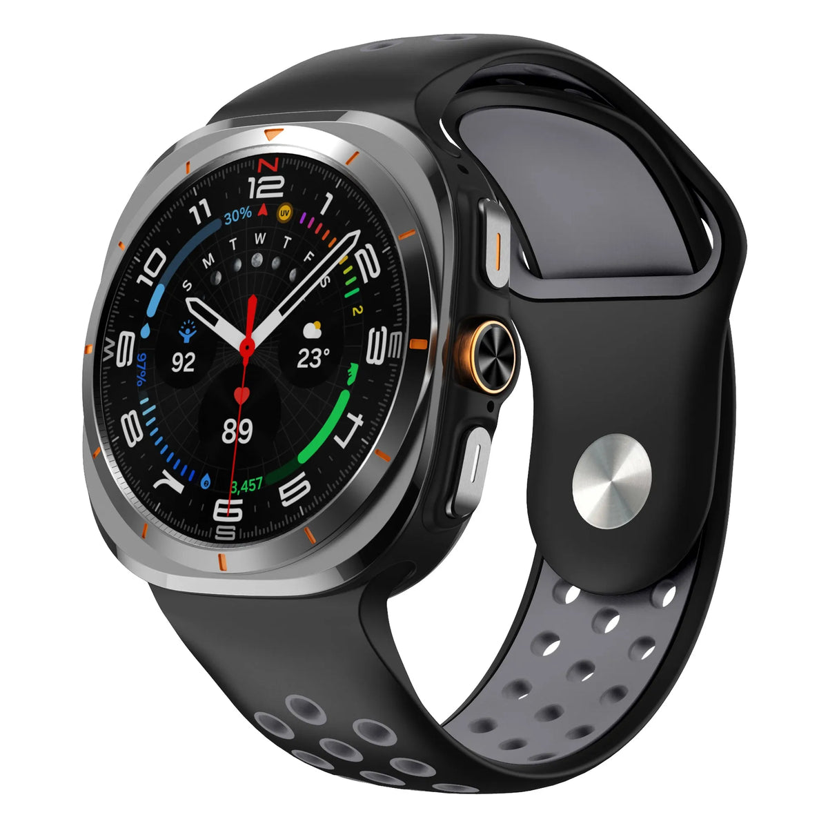 Silicone Sport Strap, black/grey, on a watch, 3/4 front view