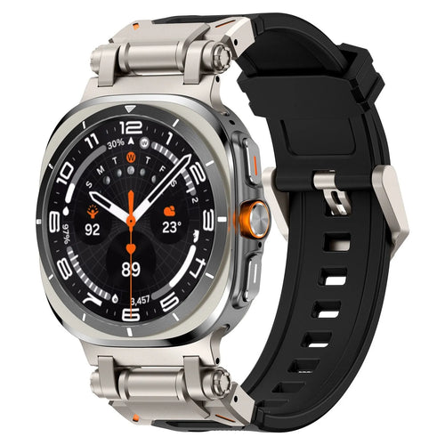 Silicone Strap 'Explorer', black with titanium, on a watch, 3/4 front view