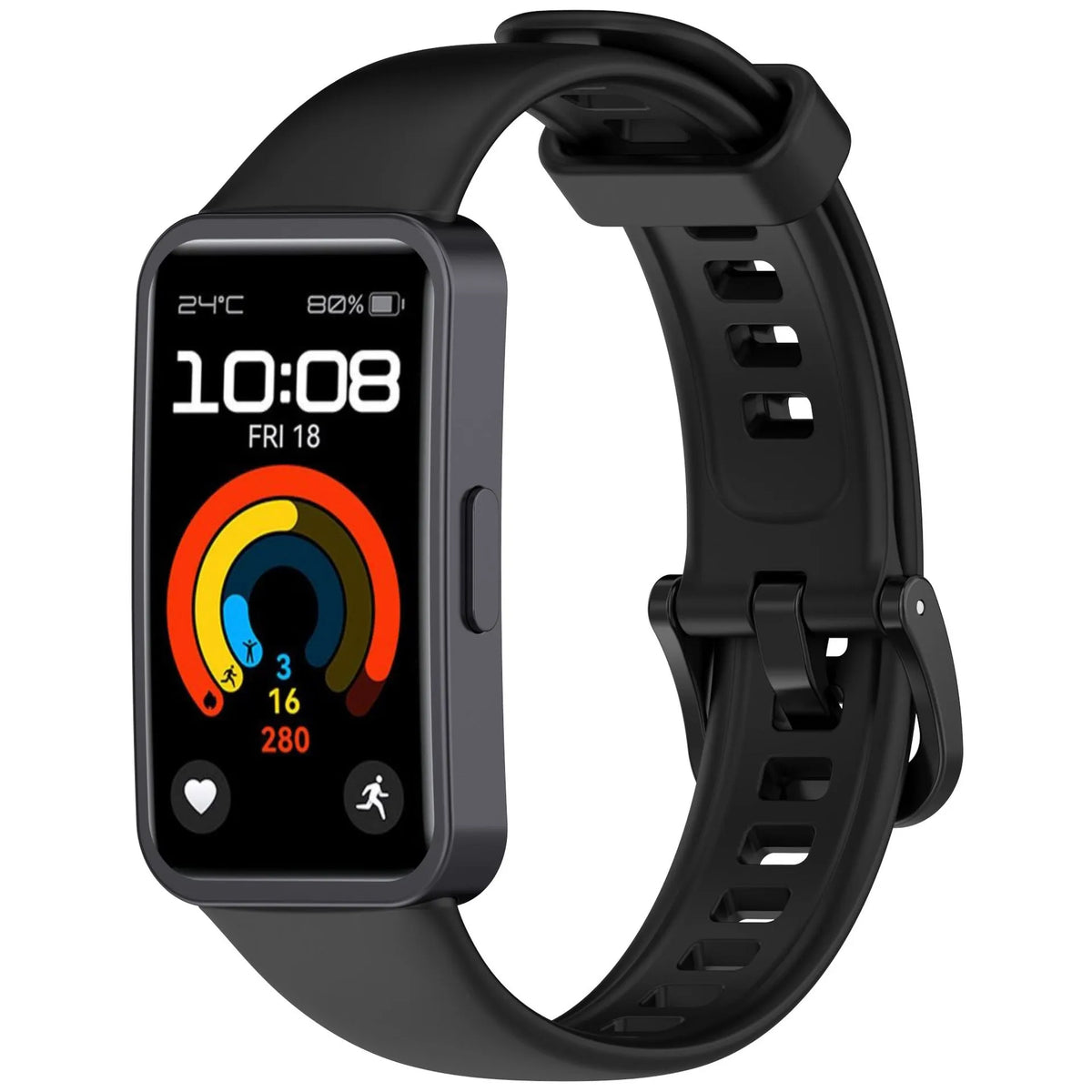 Silicone Strap, black, on a watch, 3/4 front view