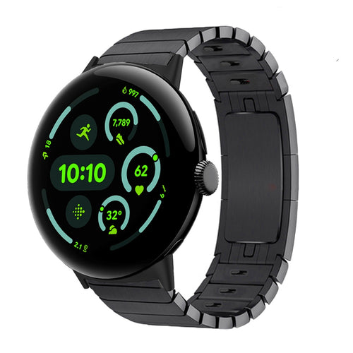 Premium Metal Link Strap, black, on a watch, 3/4 front view