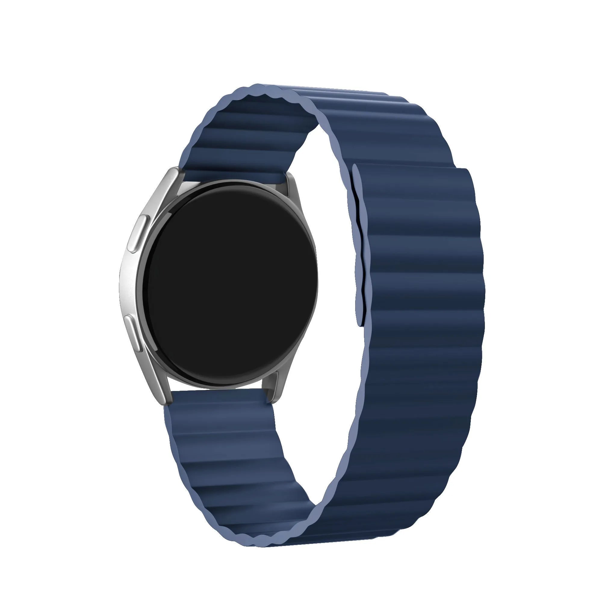 Magnetic Silicone Strap, blue, on a watch, 3/4 front view
