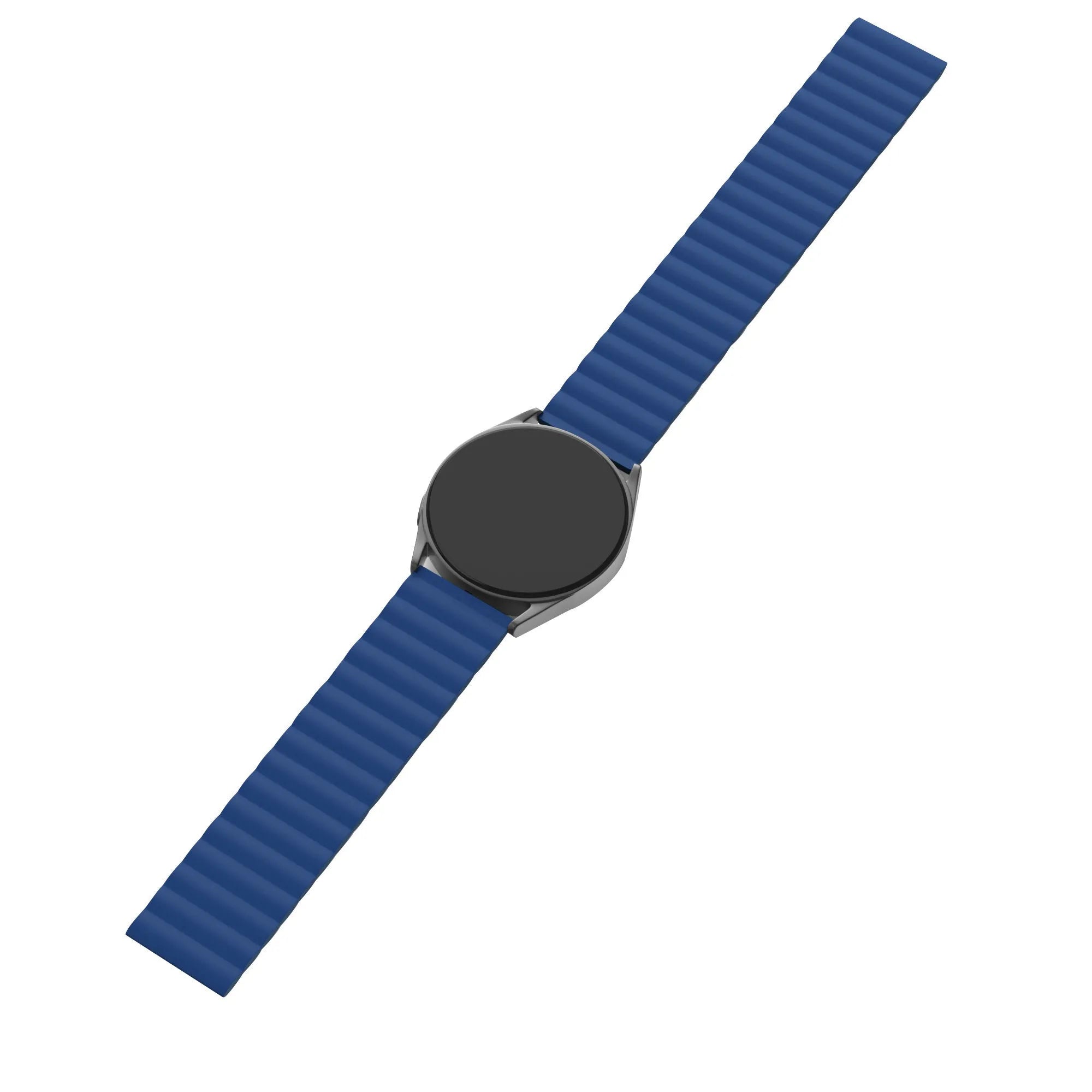Magnetic Silicone Strap, blue, on a watch, 3/4 front view