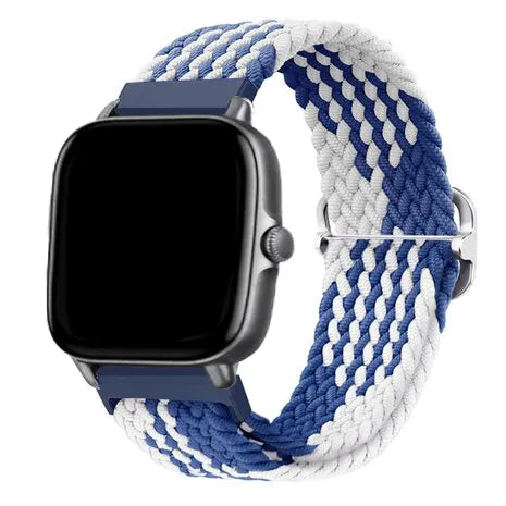 Nylon Adjustable Braided Strap, blue/white, on a watch, 3/4 front view
