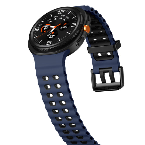 Silicone Ocean Strap, dark blue/black, on a watch, 3/4 front view