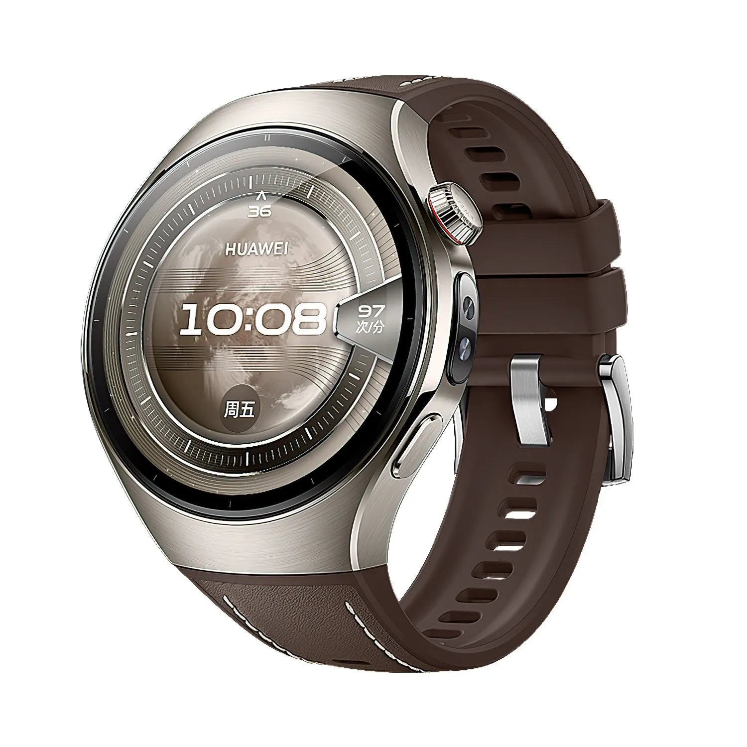 Silicone Leather Hybrid Strap 'Perfect Fit', brown, on a watch, 3/4 front view