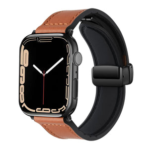 D-Buckle Leather Strap, brown, on a watch, 3/4 front view