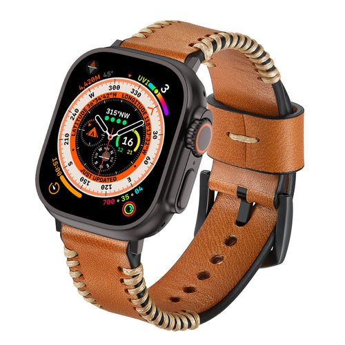 Stitched Leather Strap, brown, on a watch, 3/4 front view