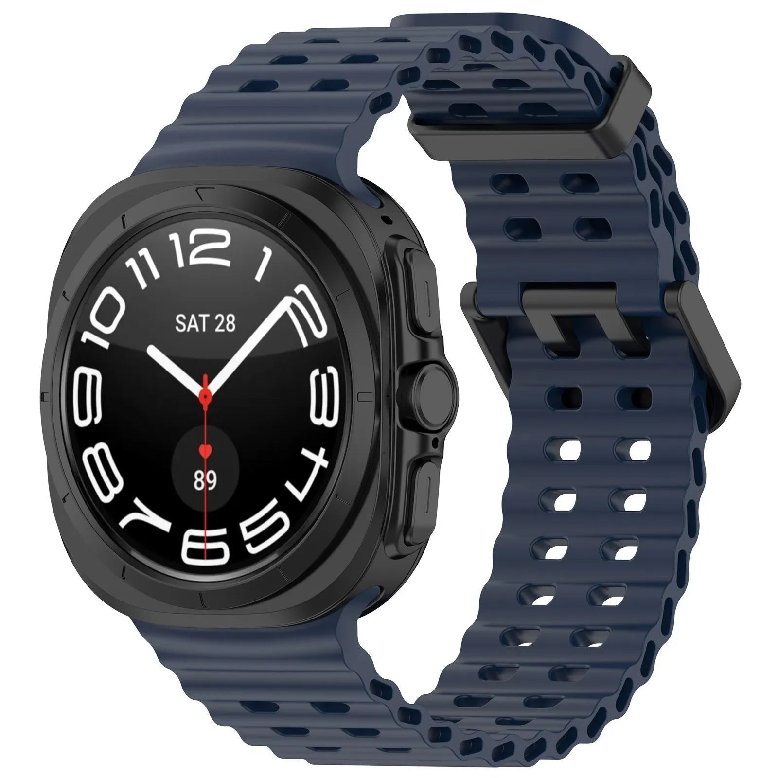 Silicone Ocean Strap, dark blue, on a watch, 3/4 front view