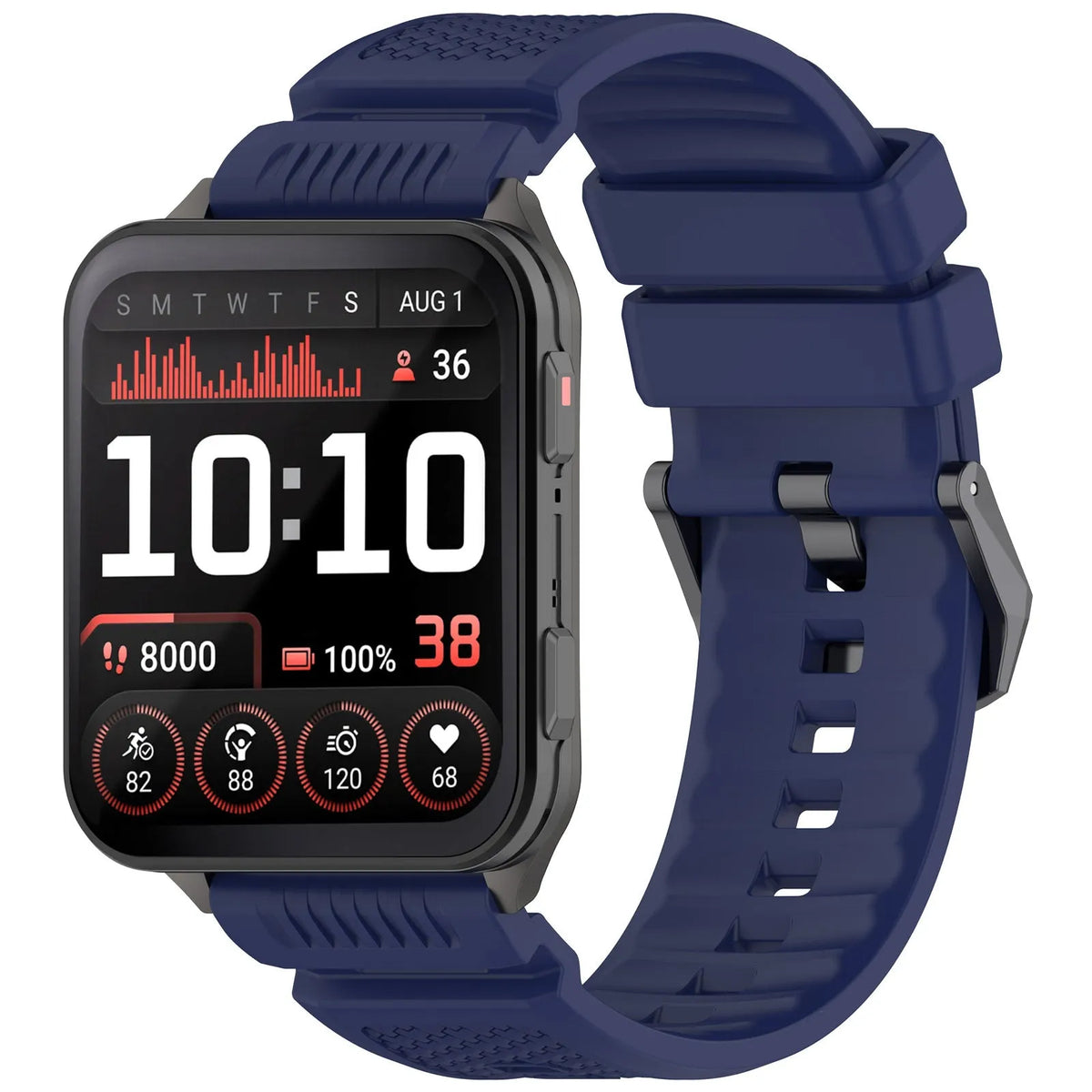 Silicone Strap, dark blue, on a watch, 3/4 front view