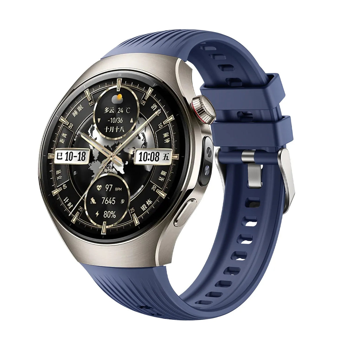 Silicone Strap Perfect Fit, dark blue, on a watch, 3/4 front view