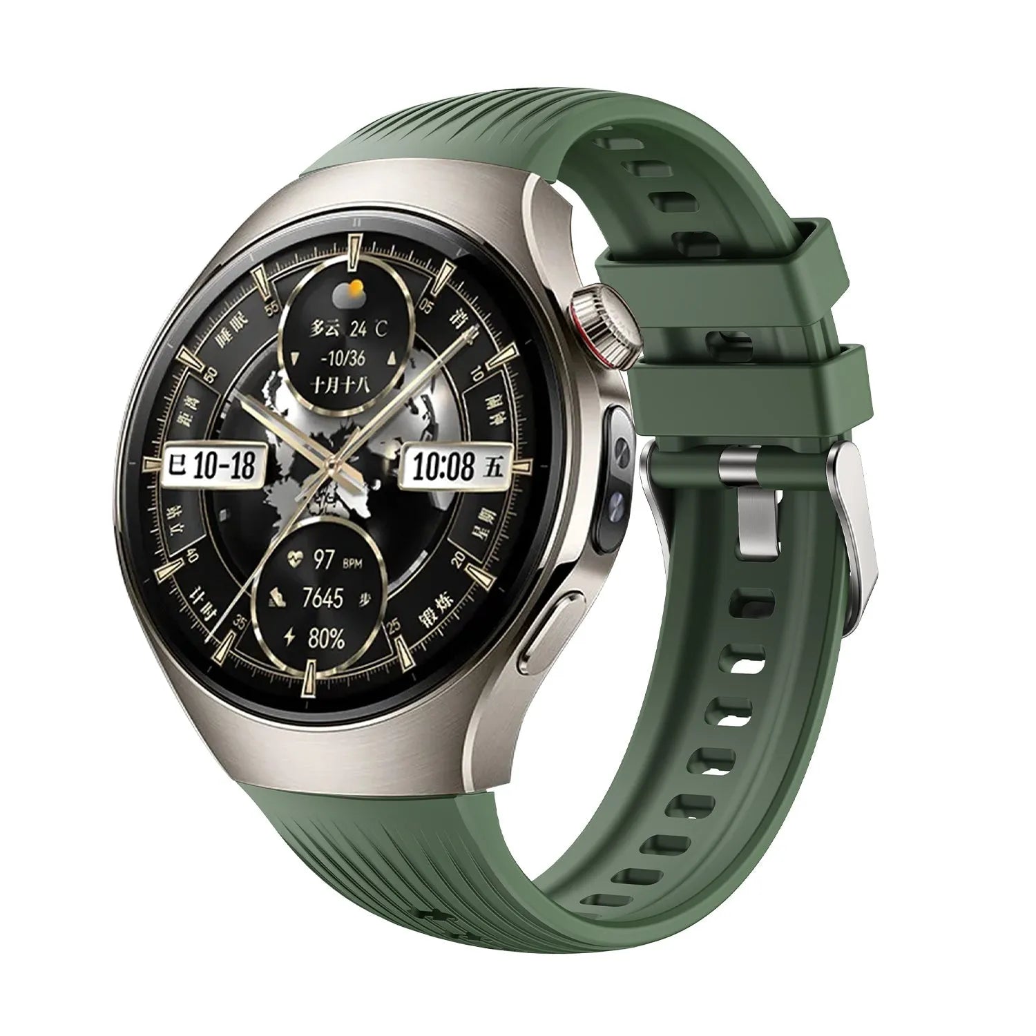 Silicone Strap Perfect Fit, dark green, on a watch, 3/4 front view