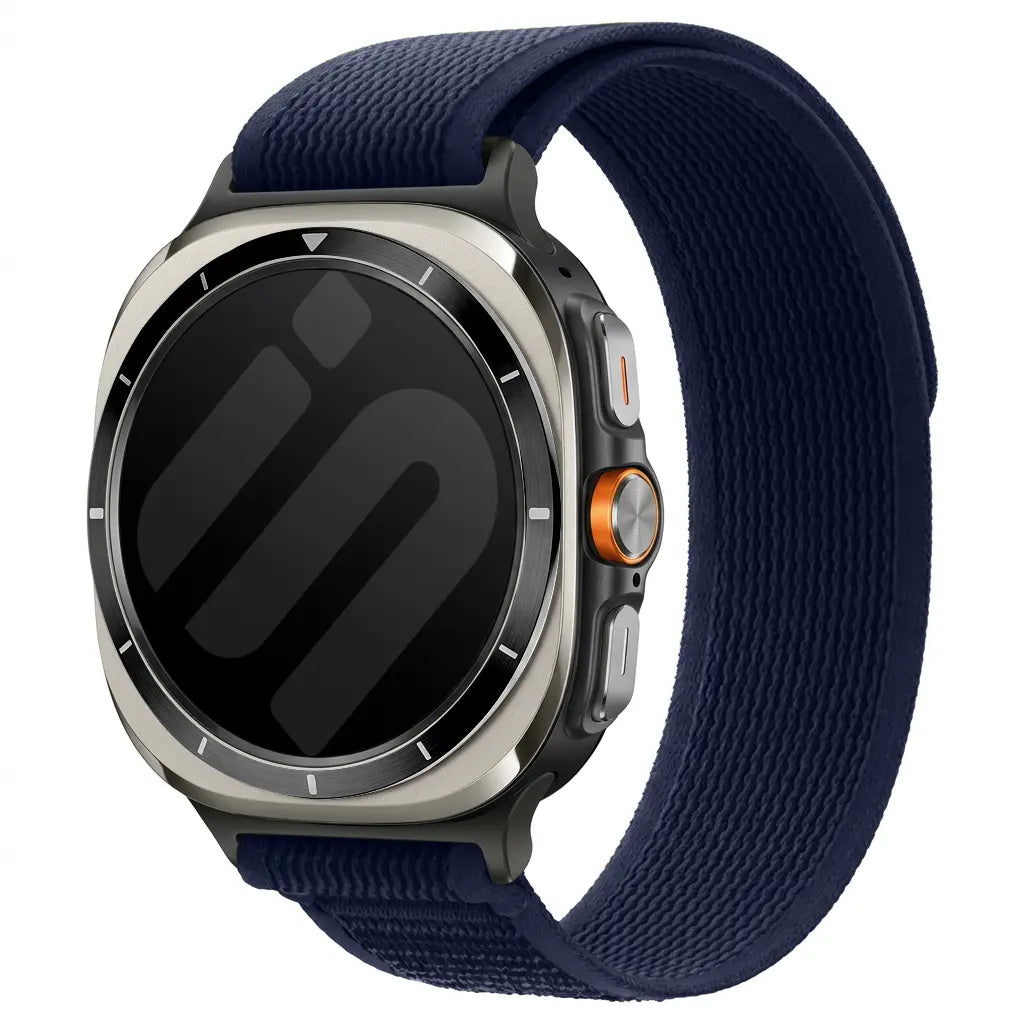 Trail Nylon Strap, dark blue, on a watch, 3/4 front view