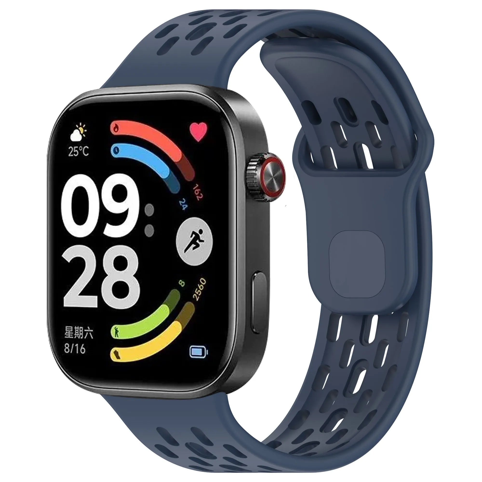 Silicone Air Strap, dark blue, on a watch, 3/4 front view