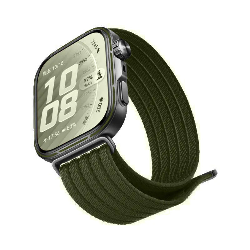 Ultra Thin Nylon Strap, dark green, on a watch, 3/4 front view