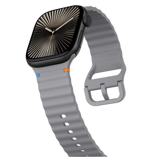 Wave Silicone Strap, dark grey, on a watch, 3/4 front view