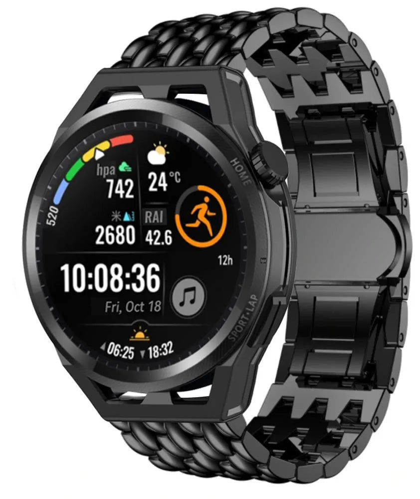 Steel Dragon Strap, black, on a watch, 3/4 front view