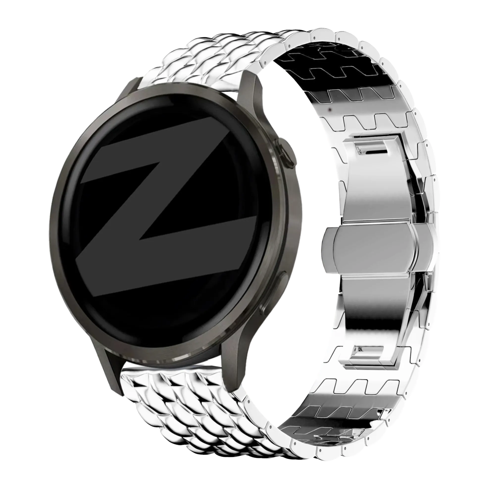 Steel Strap 'Dragon', silver, on a watch, 3/4 front view