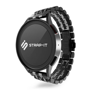 Steel Link Strap 'Duo', black/silver, on a watch, 3/4 front view