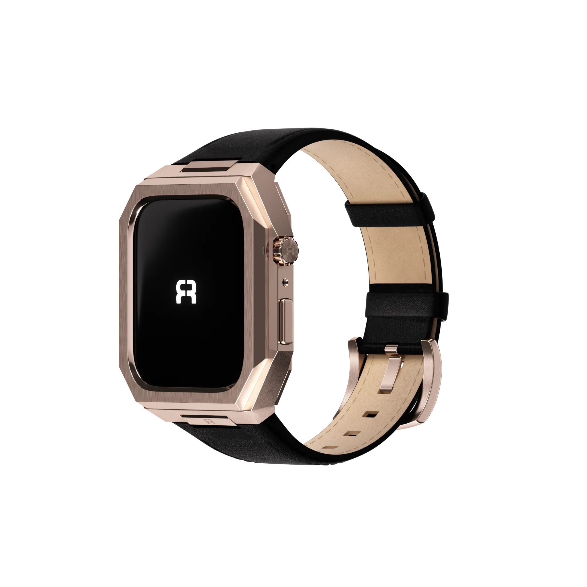 Reqior Funda de metal con correa de cuero Apple Watch 45mm (rosa dorado/negro)