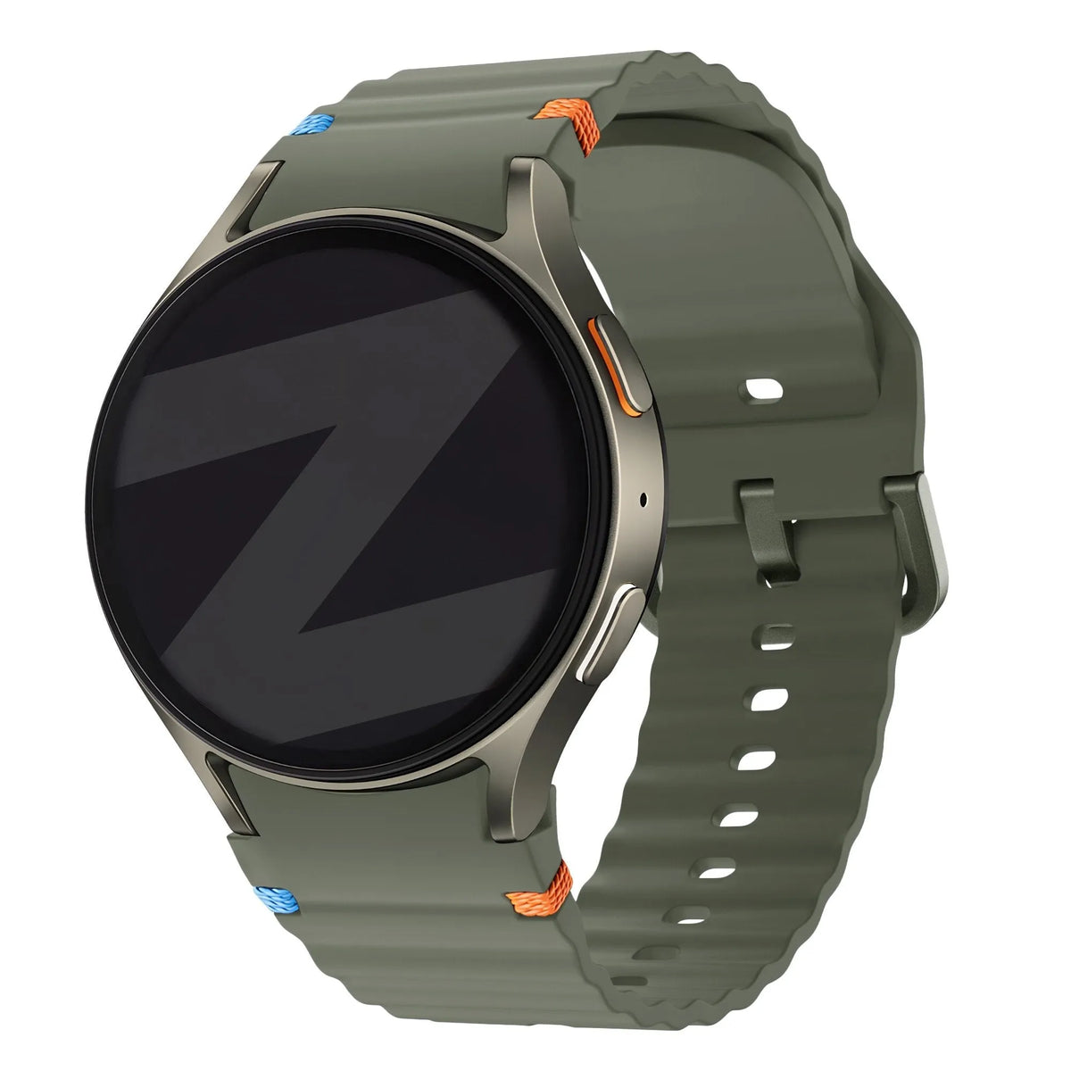 Silicone Wave Strap 'Easy Fit', army green, on a watch, 3/4 front view
