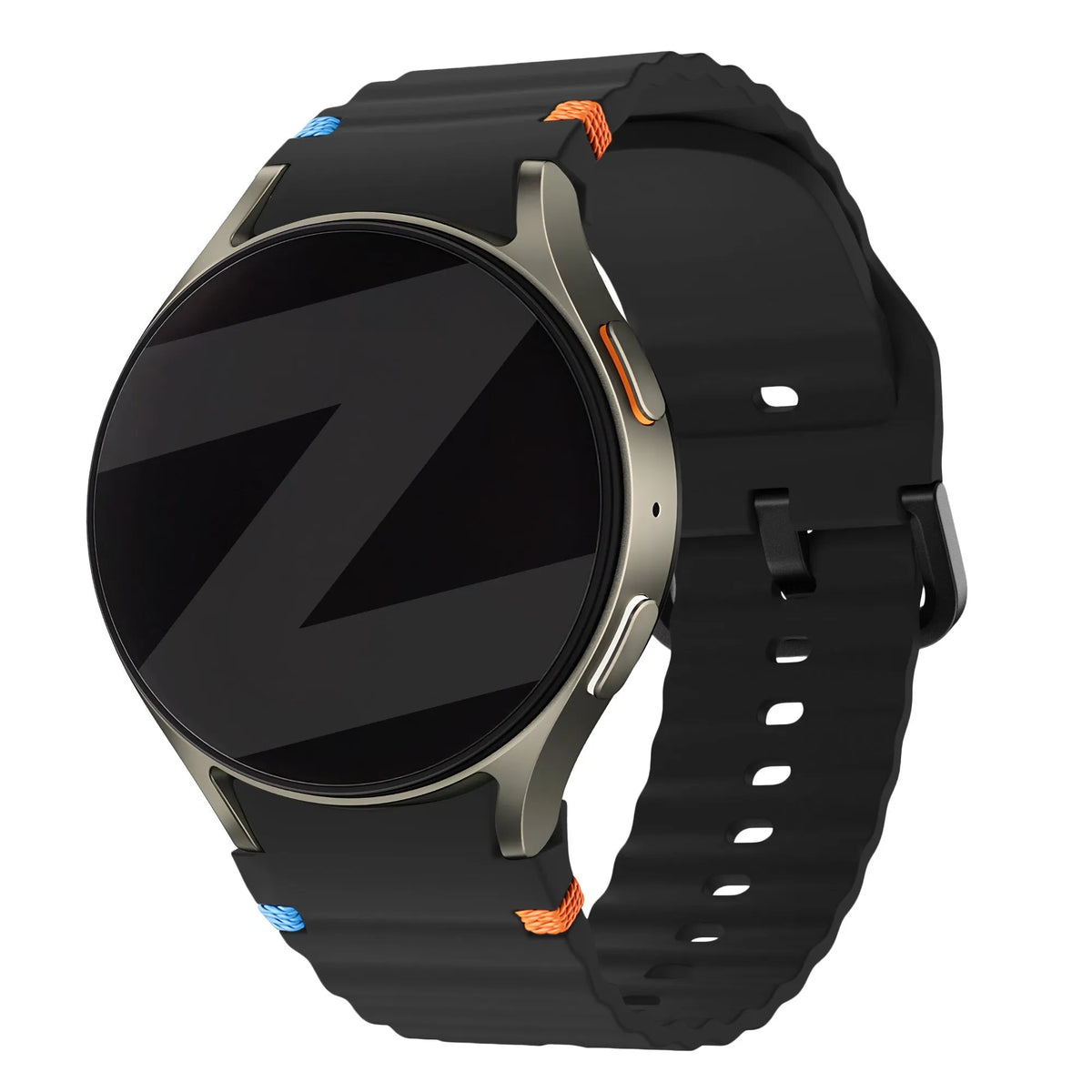 Silicone Wave Strap 'Easy Fit', black, on a watch, 3/4 front view