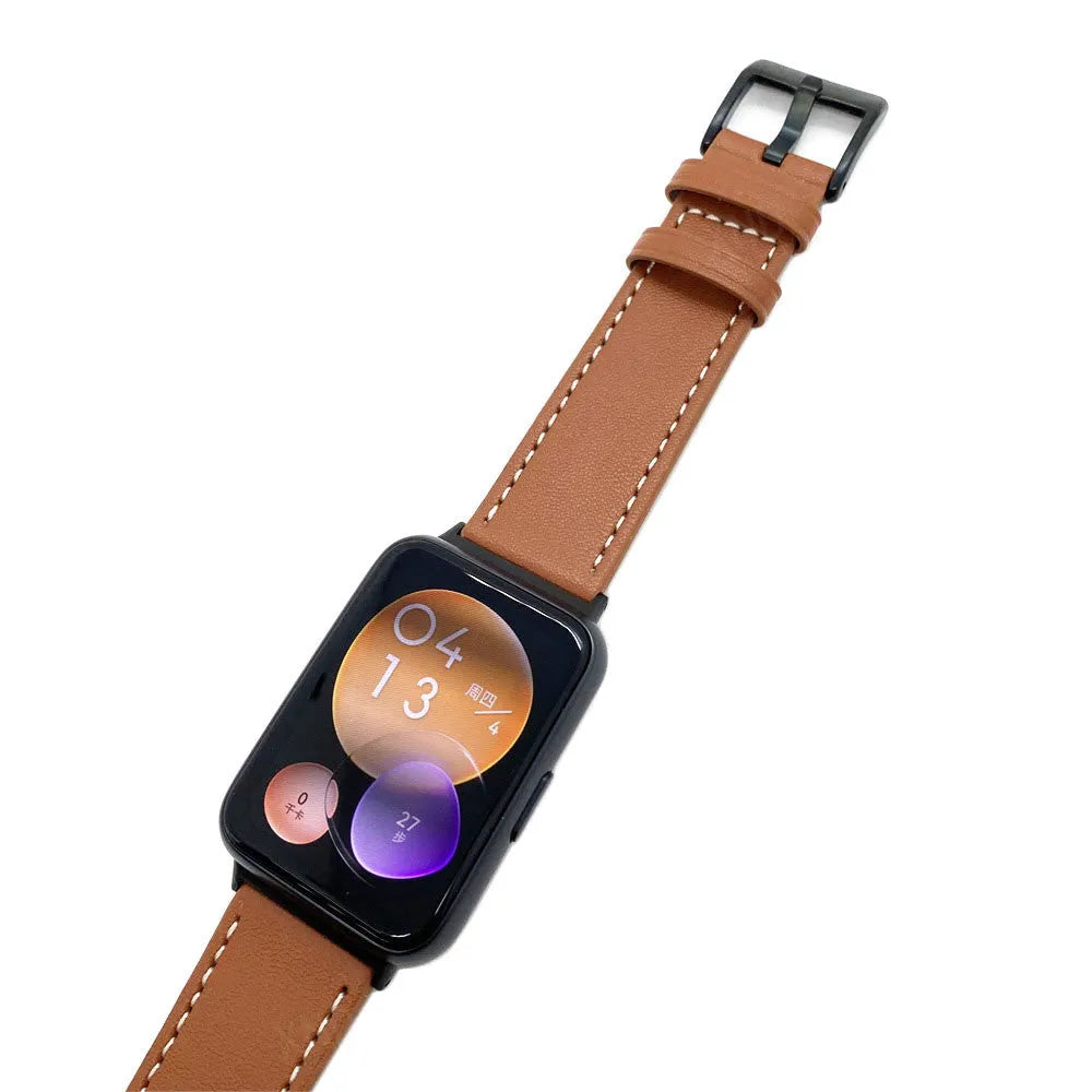 Leather Strap, brown, on a watch, 3/4 front view