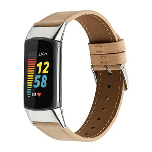 Leather Strap, beige, on a watch, 3/4 front view