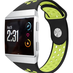 Silicone Sport Strap, black/yellow, on a watch, 3/4 front view