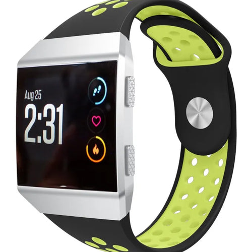 Silicone Sport Strap, black/yellow, on a watch, 3/4 front view