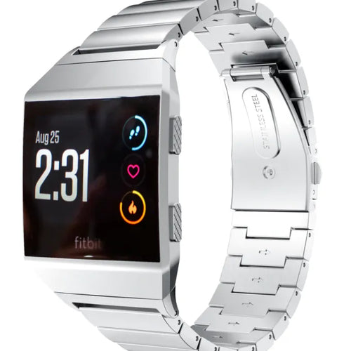 Metal Strap, silver, on a watch, 3/4 front view