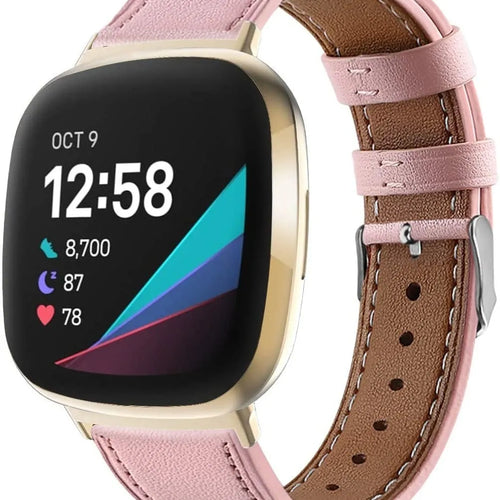 Modern Leather Strap, pink, on a watch, 3/4 front view