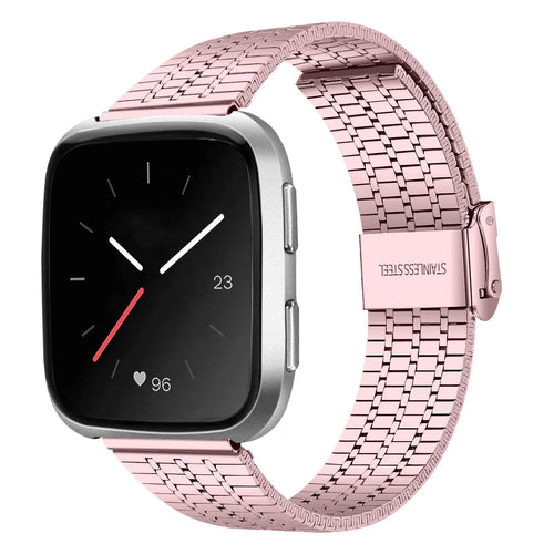 Fine Steel Strap, pink, on a watch, 3/4 front view