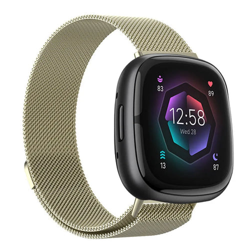 Milanese Strap, champagne, on a watch, 3/4 front view