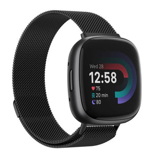 Milanese Strap, black, on a watch, 3/4 front view