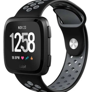 Silicone Sport Strap, black/grey, on a watch, 3/4 front view