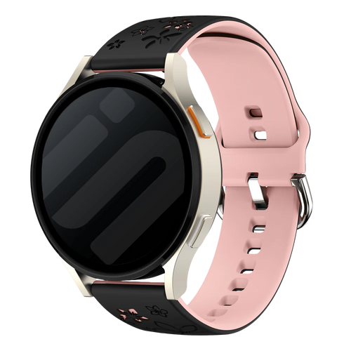 Flower Silicone Strap, black/light pink, on a watch, 3/4 front view