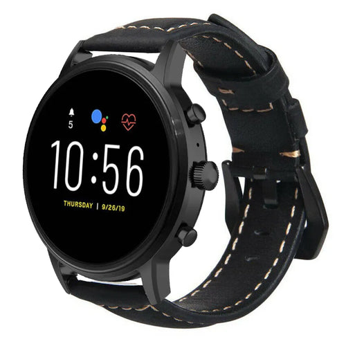 Leather Strap, black, on a watch, 3/4 front view