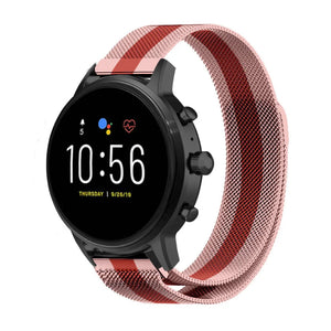 Milanese Strap, red/pink, on a watch, 3/4 front view