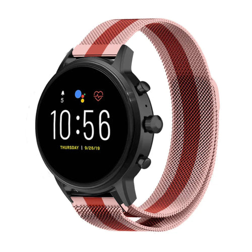 Milanese Strap, red/pink, on a watch, 3/4 front view