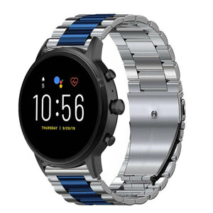 Steel Strap, silver/blue, on a watch, 3/4 front view