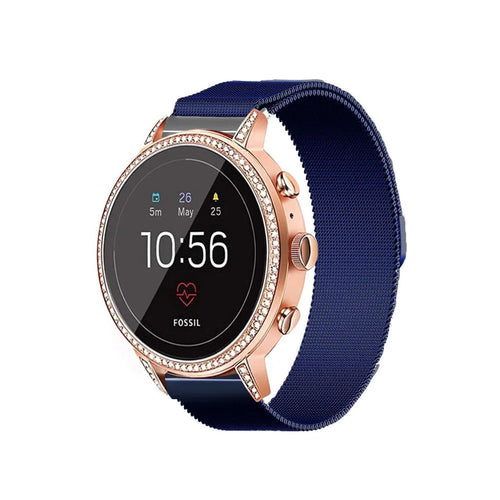 Milanese Strap, blue, on a watch, 3/4 front view