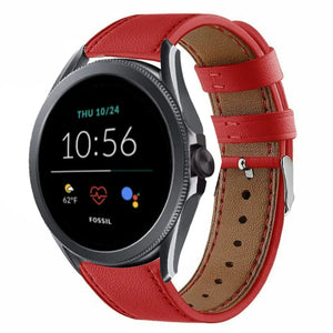 Modern Leather Strap, red, on a watch, 3/4 front view