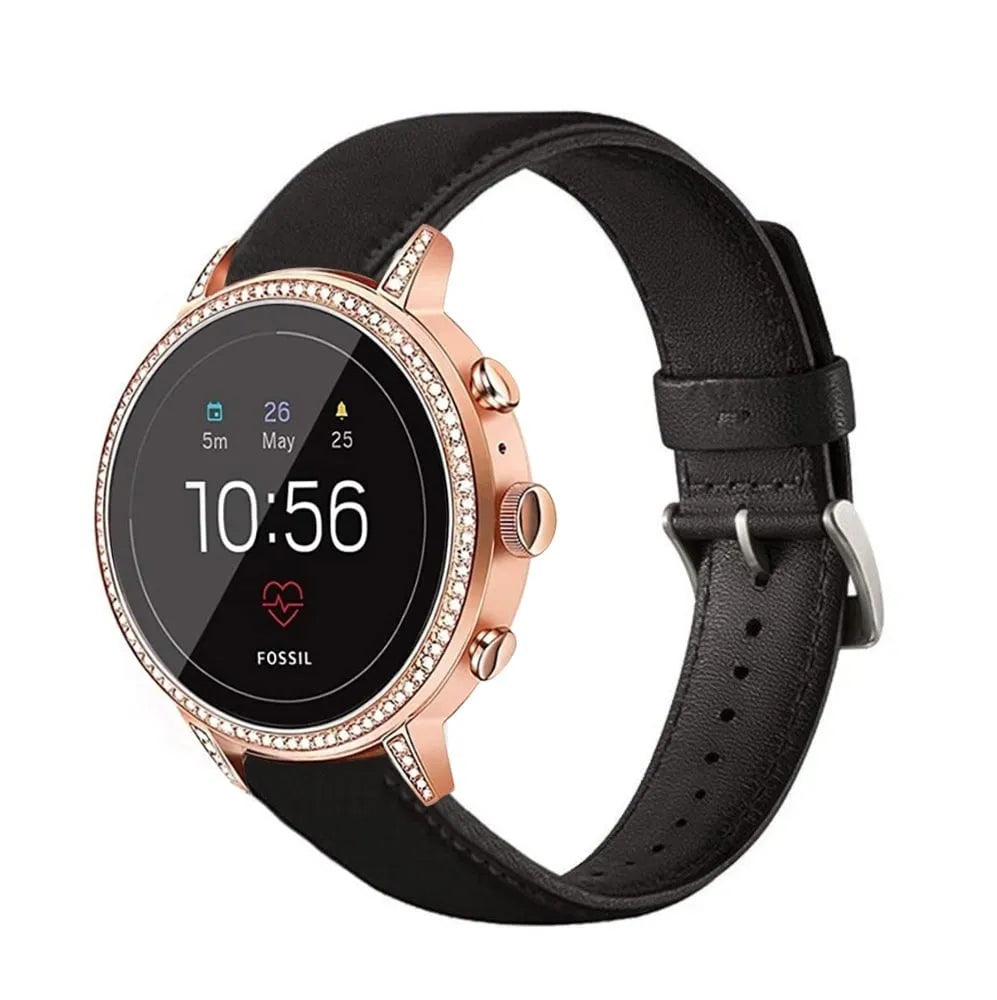 Leather Strap, black, on a watch, 3/4 front view