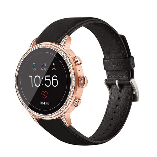 Leather Strap, black, on a watch, 3/4 front view