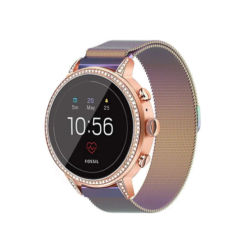 Milanese Strap, rainbow, on a watch, 3/4 front view