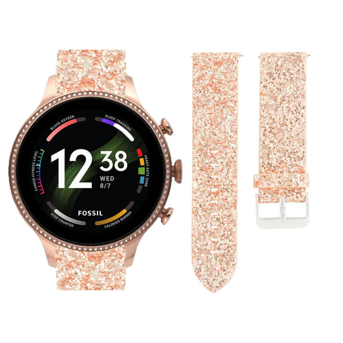 Leather Strap with Glitters, rose gold, on a watch, 3/4 front view