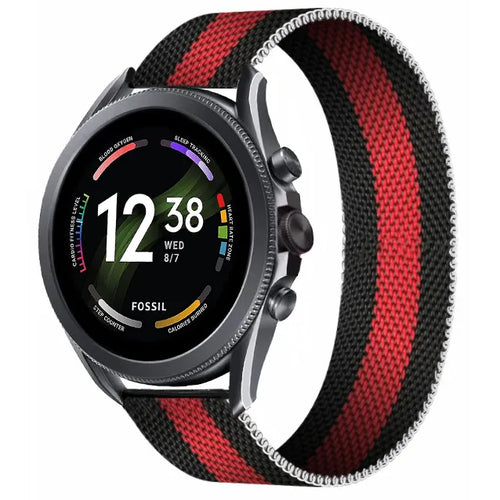 Milanese Strap, black/red, on a watch, 3/4 front view
