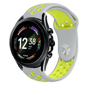 Silicone Sport Strap, grey/yellow, on a watch, 3/4 front view